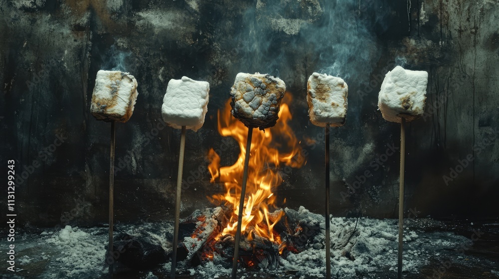 Poster Toasted marshmallows on sticks roasting over an open fire with a rustic backdrop creating a cozy campfire atmosphere.