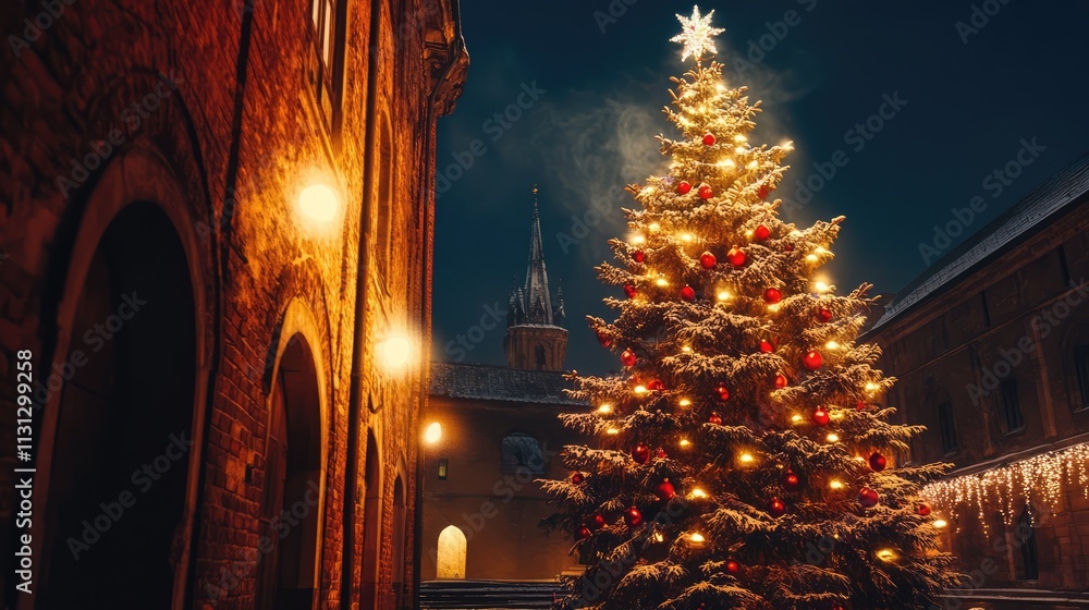 Poster illuminated christmas tree at night with decorations in a historic setting featuring warm lights and