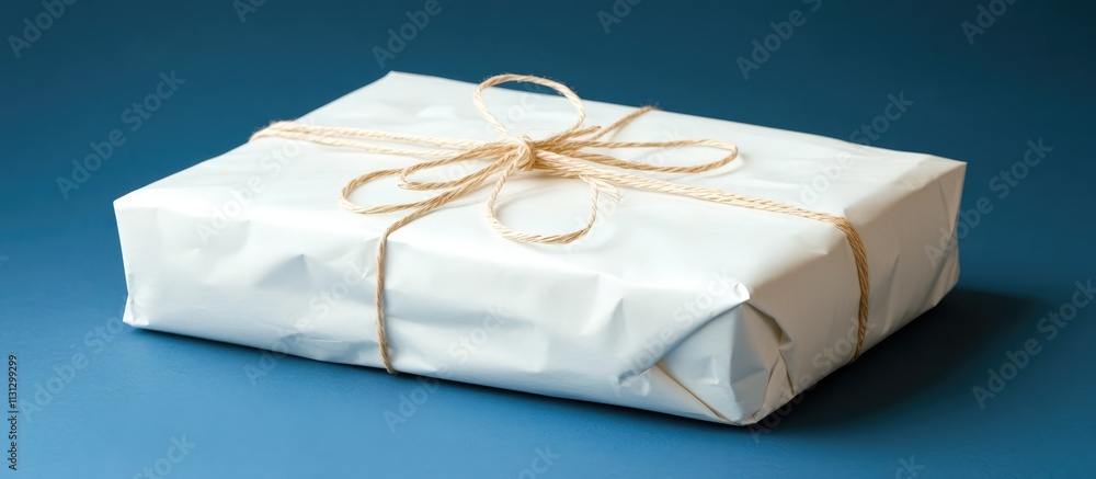 Poster elegant wrapped christmas gift in white paper tied with string on a blue backdrop showcasing minimal