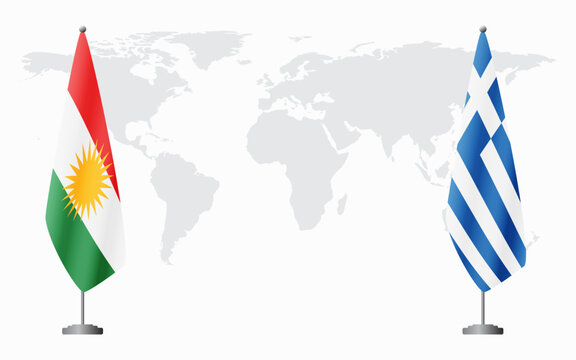Kurdistan and Greece flags for official meeting against background of world map.