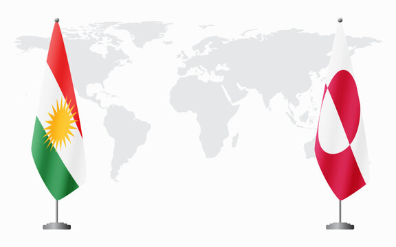 Kurdistan and Greenland flags for official meeting against background of world map.