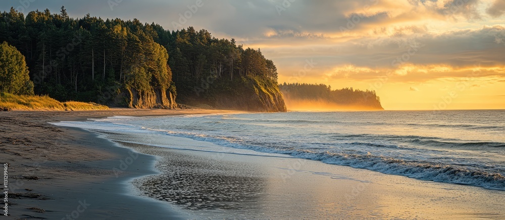 Poster serene shoreline at sunset with gentle waves and lush greenery creating a tranquil coastal landscape