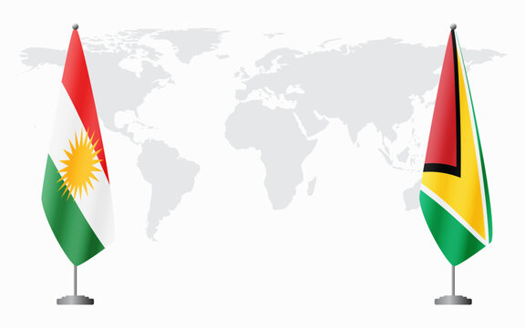 Kurdistan and Guyana flags for official meeting against background of world map.