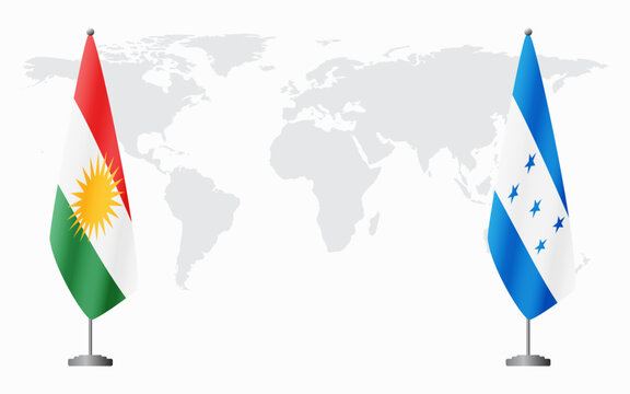Kurdistan and Honduras flags for official meeting against background of world map.