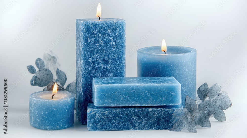 Poster blue organic aromatherapy candles and soaps in calming blue tones for wellness and spa relaxation wi