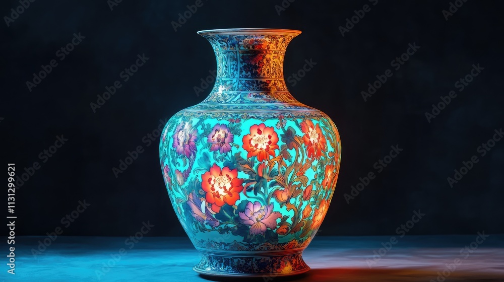 Poster vibrant antique vase illuminated with artistic floral patterns showcasing intricate craftsmanship an