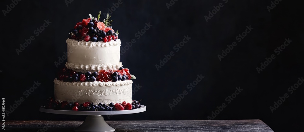 Poster elegant three-tiered white cake decorated with fresh fruits and red jam on a rustic table against a 
