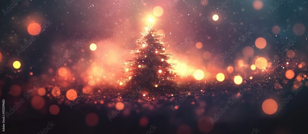 Poster Bokeh lights creating a festive tree shape with a dreamy blurred effect symbolizing celebration and the spirit of Christmas.