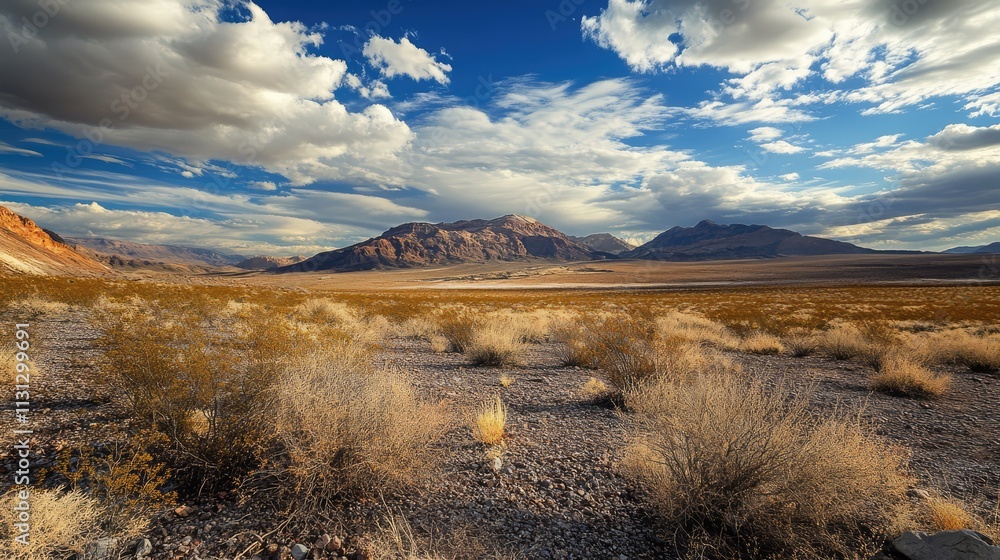 Poster desert landscape resembling mars with dramatic clouds and mountains under a bright blue sky in a ser