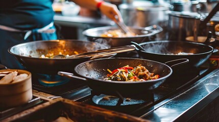 Professional Chef Cooking Stir-Fry Vegetables in Wok Pans in a Busy Restaurant Kitchen