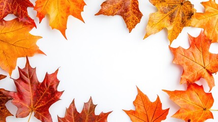 Fototapeta premium Autumn leaf frame on white background showcasing vibrant orange and yellow foliage for seasonal decoration or design use.