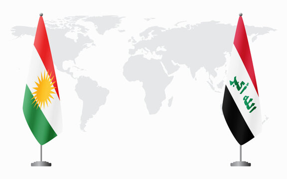 Kurdistan and Iraq flags for official meeting against background of world map.