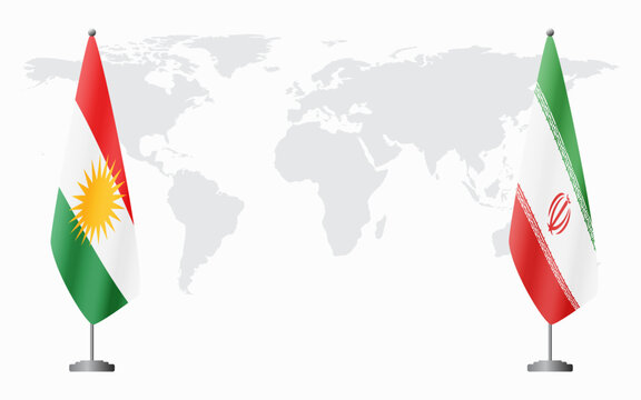 Kurdistan and Iran flags for official meeting against background of world map.