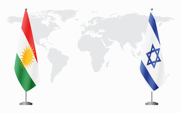 Kurdistan and Israel flags for official meeting against background of world map.