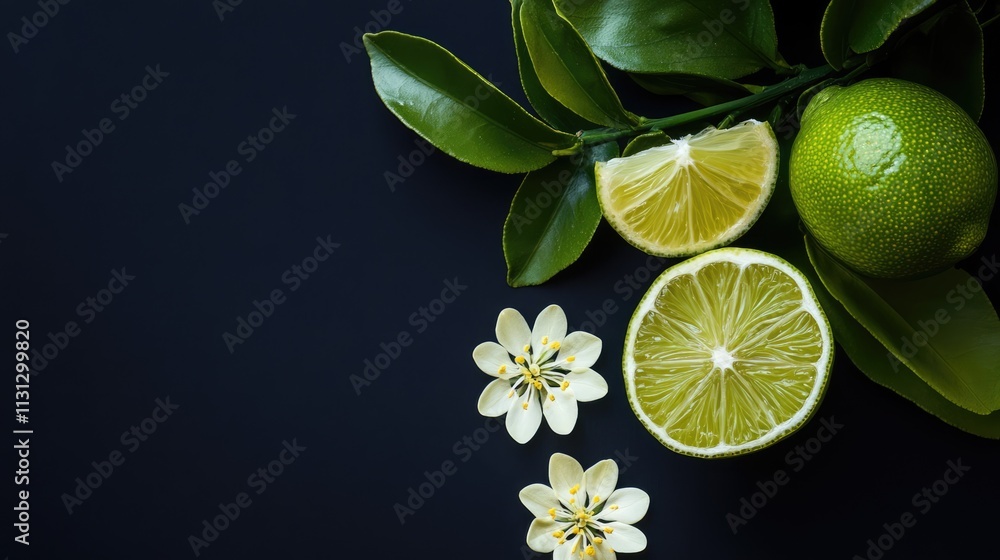 Aufkleber lime blossoms with sliced limes and green fruit arranged on a dark background creating a fresh and v