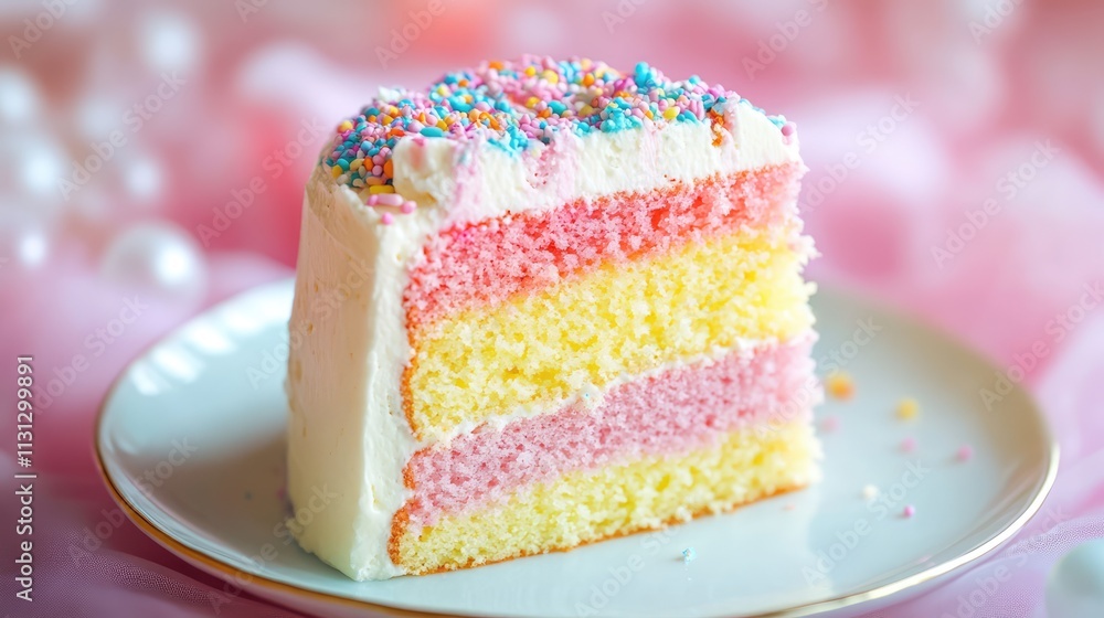 Poster Layered colorful cake slice with frosting and sprinkles on a white plate with a soft pastel background