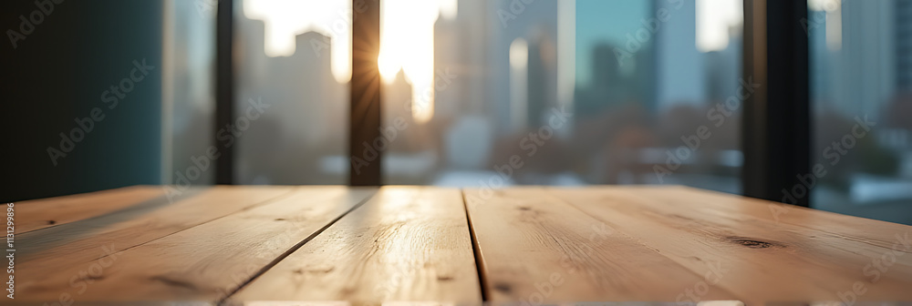 Aufkleber a wooden table top with a selective focus captures both the intricate details and the blurred citysc