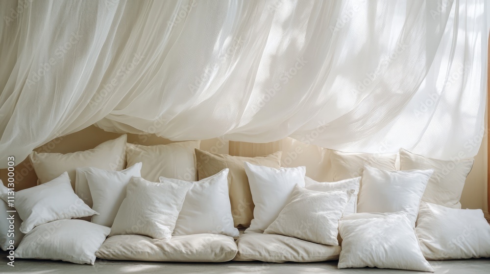 Poster cozy arrangement of plush pillows on a soft couch draped with an elegant sheer veil for a serene liv