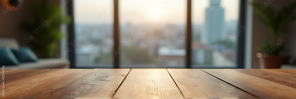 Aufkleber a wooden table top with a selective focus captures both the intricate details and the blurred citysc
