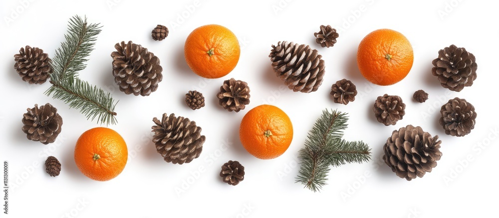Poster festive autumn arrangement of oranges pine cones and fir branches on white background with natural e