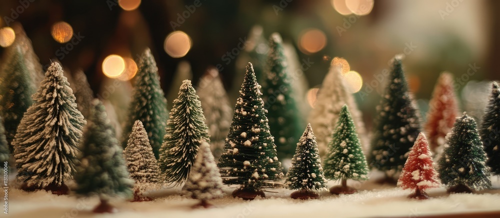 Poster Miniature Christmas Trees in a Festive Display with Warm Bokeh Background