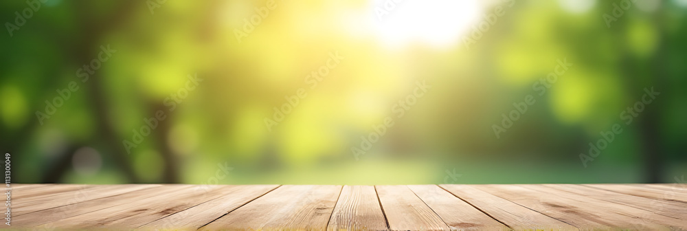 Aufkleber a wooden table top with a blurred garden view is ideal for a morning product display or key visual c