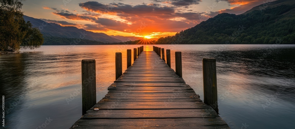 Aufkleber serene wooden jetty extending into tranquil waters at sunset with vibrant sky and silhouette of moun