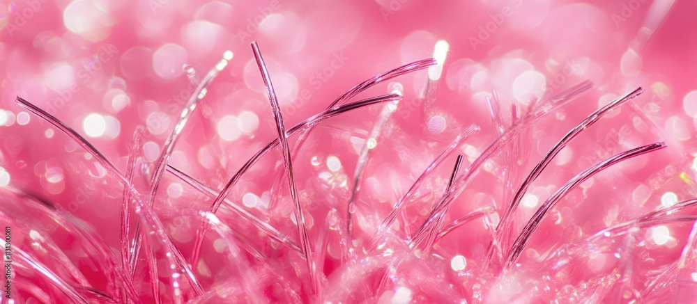 Poster macro shot of vibrant pink tinsel with sparkling highlights creating an eye-catching background of l