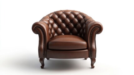 Elegant brown leather armchair with tufted upholstery and decorative nailhead trim against a white background. Ideal for home decor and furniture design.
