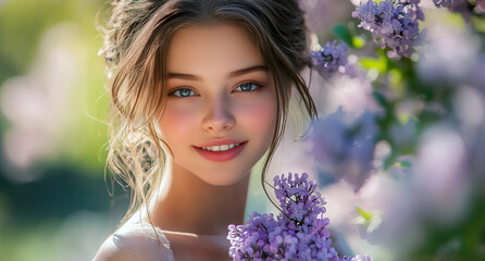 Naklejka premium Young Woman Smiling in Spring Garden with Lilac Flowers, Natural Beauty and Freshness