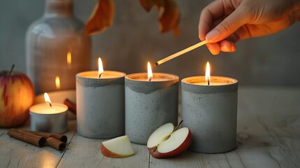 Lighting Decorative Candles with Matchstick in Cozy Autumn Setting with Apples and Cinnamon