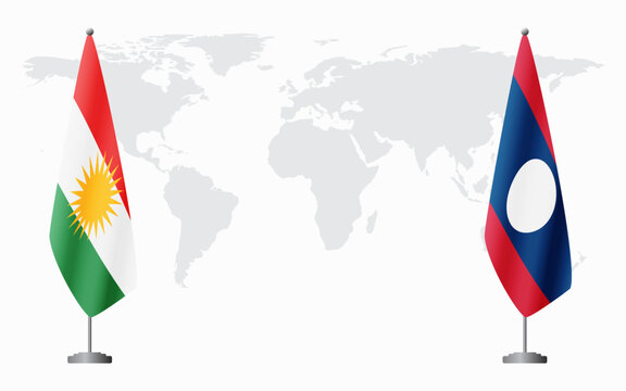 Kurdistan and Laos flags for official meeting against background of world map.