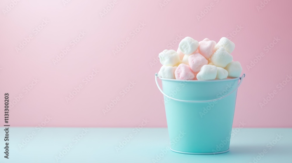 Poster pastel colored marshmallows in a mint bucket against a soft pink background perfect for dessert them