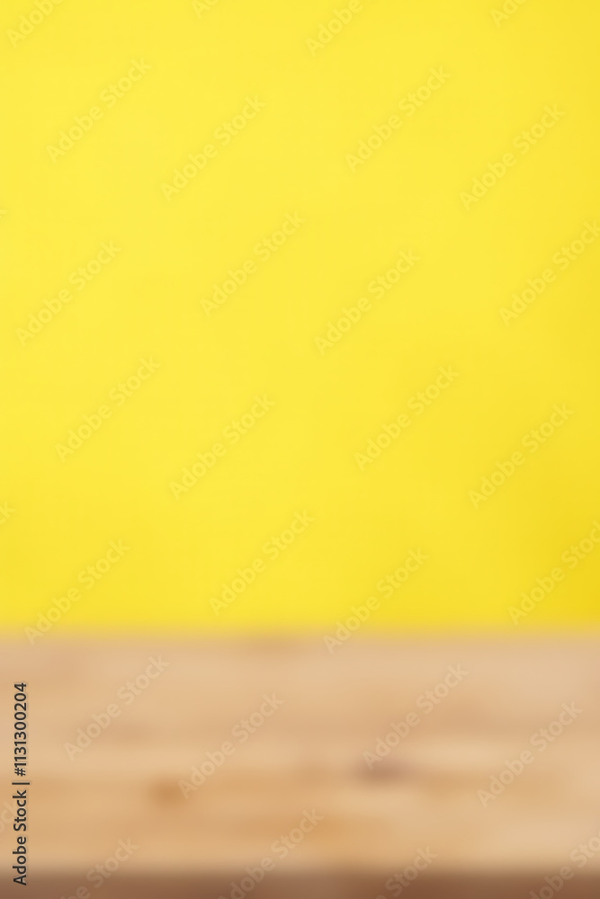 Poster a wooden table top stands out against a bright yellow pastel colored background with selective focus
