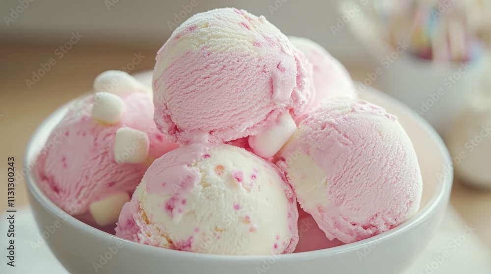 Poster pink and white ice cream scoops with marshmallows in a bowl creating a delightful sweet treat presen