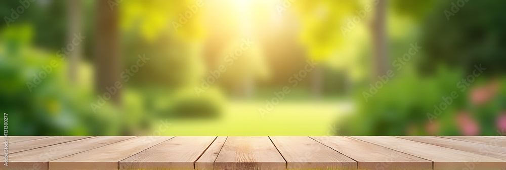 Aufkleber a wooden table top with a blurred garden view is ideal for a morning product display or key visual c