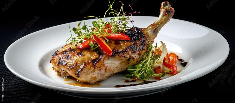 Aufkleber grilled quarter chicken garnished with fresh herbs and red peppers served on an elegant plate with a