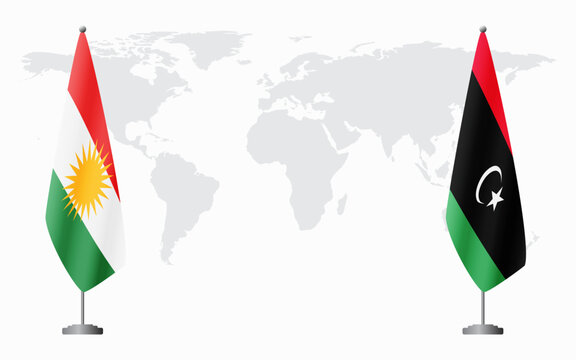 Kurdistan and Libya flags for official meeting against background of world map.
