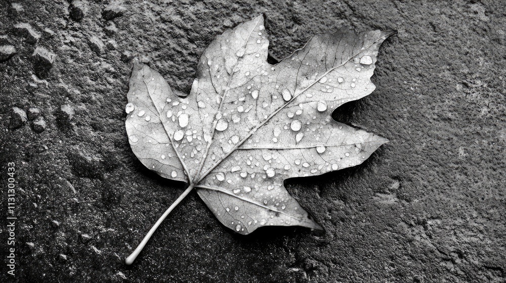 Poster close up of a wet leaf on a textured surface showcasing water droplets after rain in monochrome phot