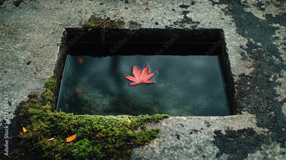 Poster leaf resting peacefully in moss-covered canal water surrounded by concrete with crab grass framing t