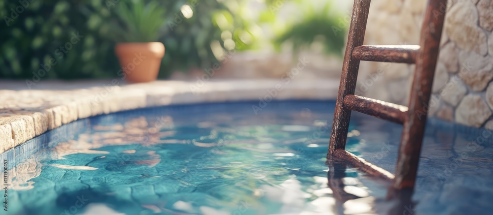 Poster Sunlit pool scene with rustic ladder submerged in crystal clear water surrounded by lush greenery in a tranquil outdoor setting.