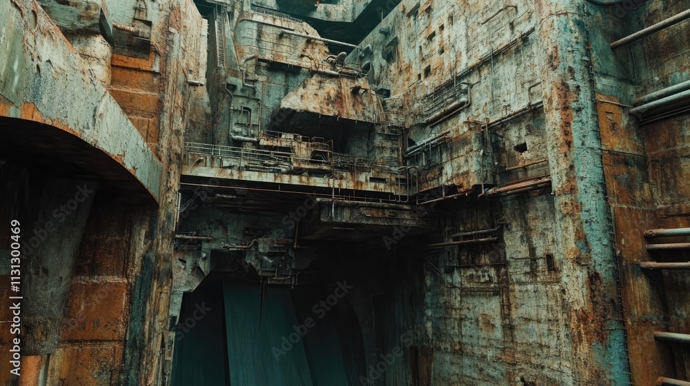 Poster rusty industrial hydraulic structure showcasing weathered textures and intricate metalwork in an aba