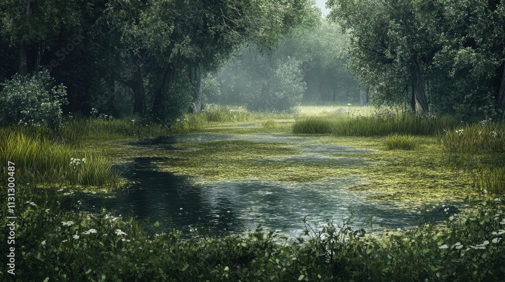 Poster lush wetland ecosystem with vibrant greenery and calm water in a serene nature setting
