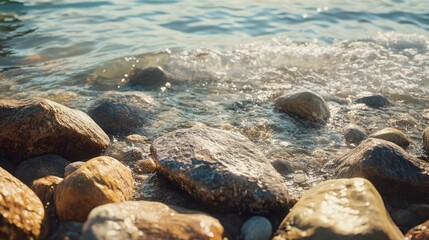 Obraz premium Serene coastal scene with sunlit rocky beach and gentle waves lapping over smooth pebbles on a clear summer day