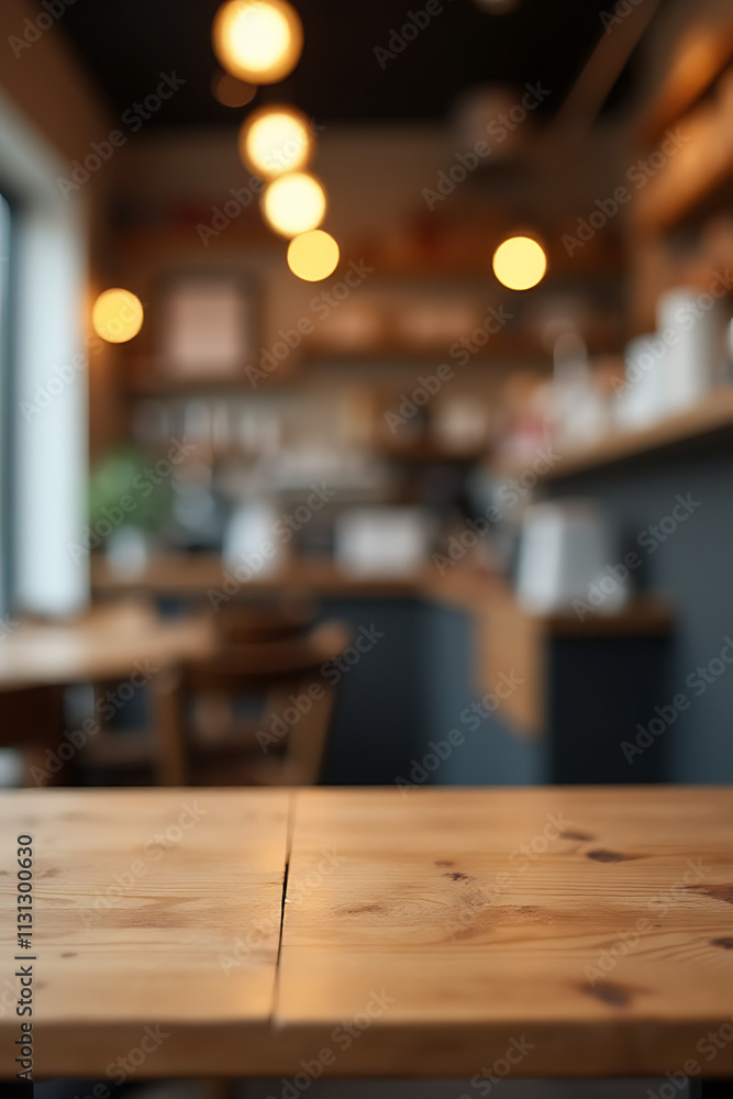 Poster a wooden table top is placed in a blurred background of a cafe shop with a visible light bulb overhe