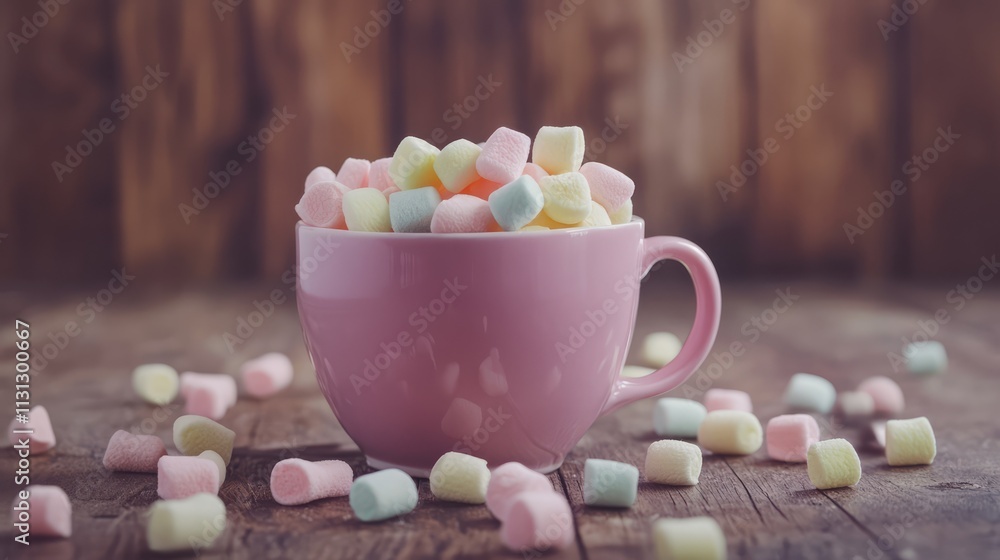 Poster Colorful marshmallows in a pink cup on a rustic wooden background with scattered marshmallows creating a cozy and inviting atmosphere