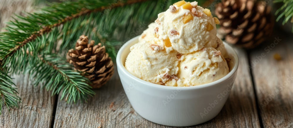Poster pineapple and pine nut ice cream served in a bowl on a rustic wooden surface with fir branches and p