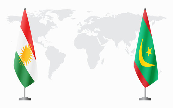 Kurdistan and Mauritania flags for official meeting against background of world map.