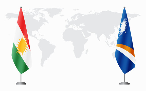 Kurdistan and Marshall Islands flags for official meeting against background of world map.