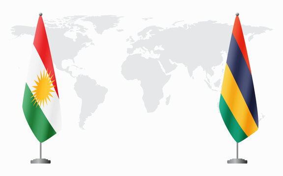 Kurdistan and Mauritius flags for official meeting against background of world map.